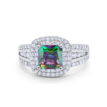 Halo Wedding Ring Princess Simulated Rainbow CZ 925 Sterling Silver